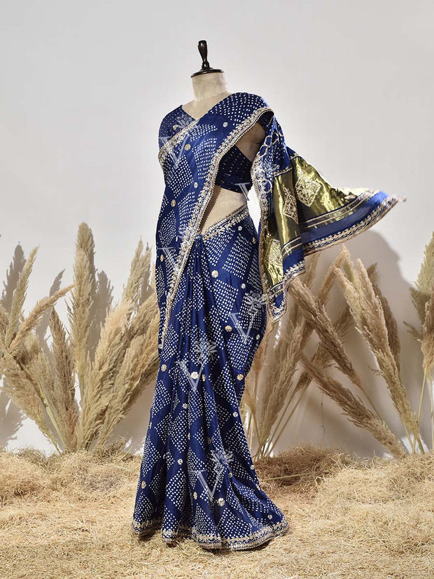 Blue Pure Satin Silk Bandhani Saree