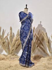 Blue Pure Satin Silk Bandhani Saree