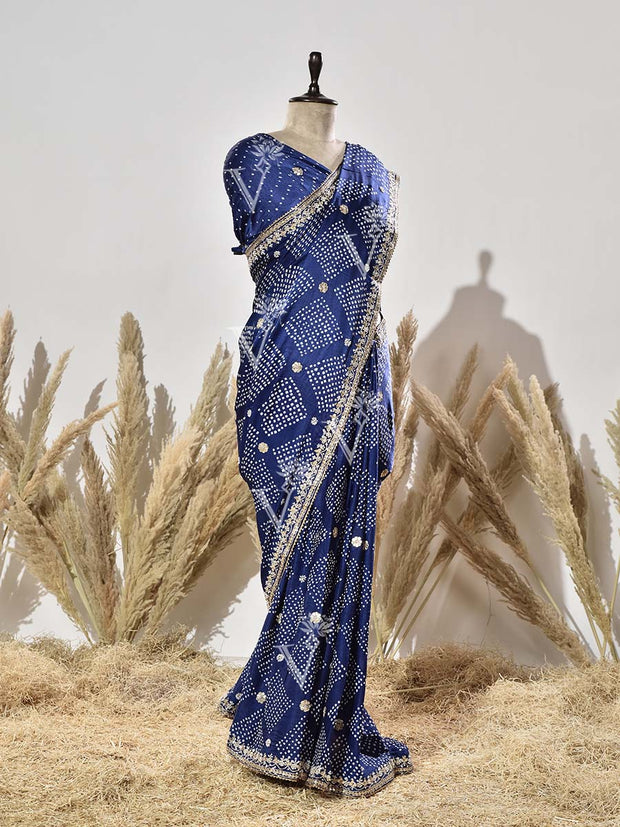Blue Pure Satin Silk Bandhani Saree