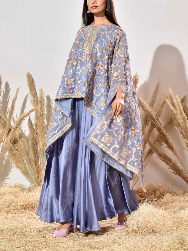 Blue Embroidered Organza Cape and Palazzo Set