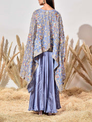 Blue Embroidered Organza Cape and Palazzo Set