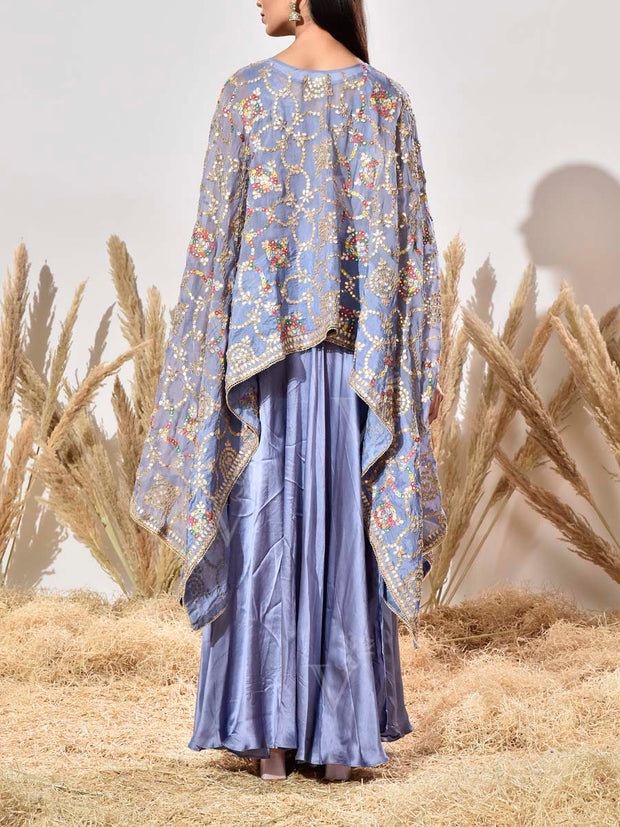 Blue Embroidered Organza Cape and Palazzo Set
