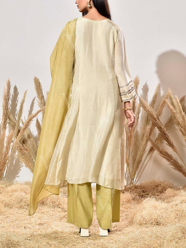 Green and Ivory Tissue Embroidered Suit Set