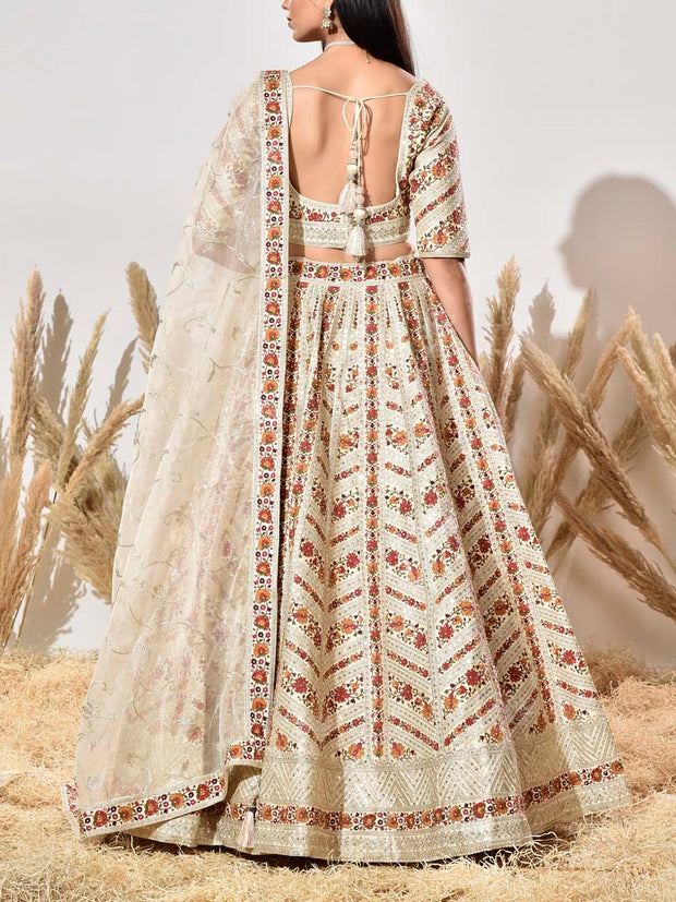 Off-White Silk Embroidered Lehenga Set