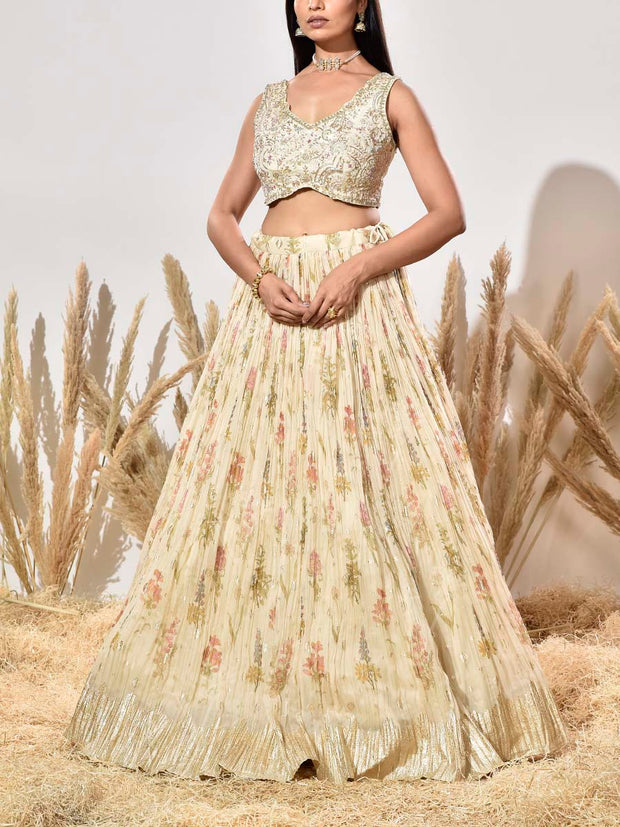 Cream Embroidered Banarasi Silk Lehenga Set
