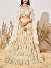 Cream Embroidered Banarasi Silk Lehenga Set