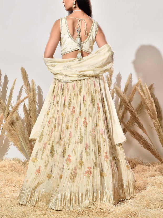 Cream Embroidered Banarasi Silk Lehenga Set