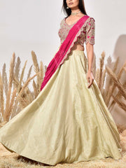 Pink and Beige Embroidered Lehenga Set