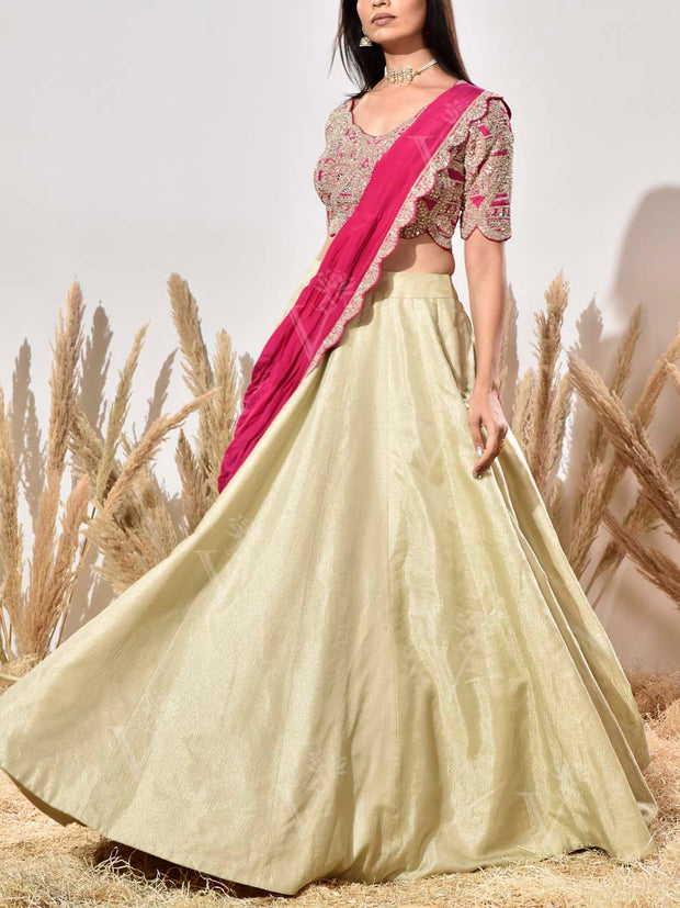 Pink and Beige Embroidered Lehenga Set