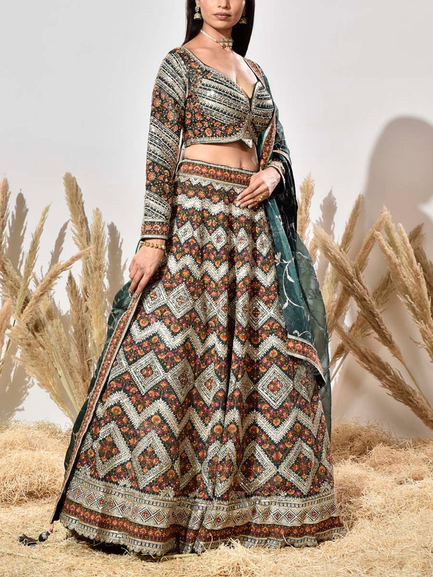Green Silk Embroidered Lehenga Set