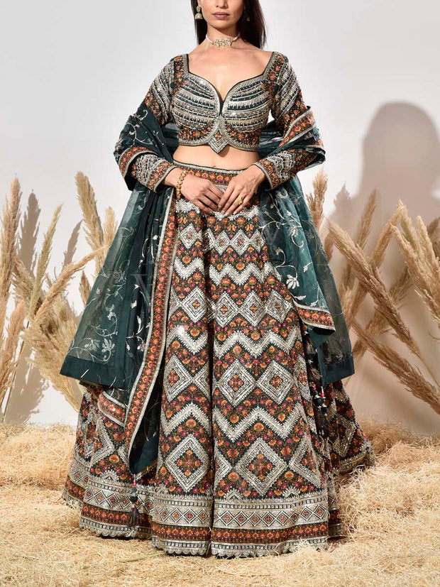 Green Silk Embroidered Lehenga Set