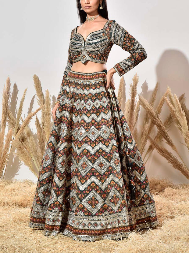 Green Silk Embroidered Lehenga Set
