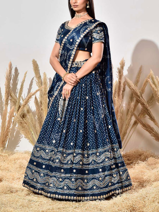 Blue Embroidered Satin Bandhani Lehenga Set