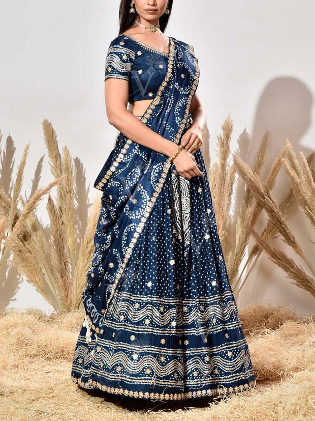 Blue Embroidered Satin Bandhani Lehenga Set