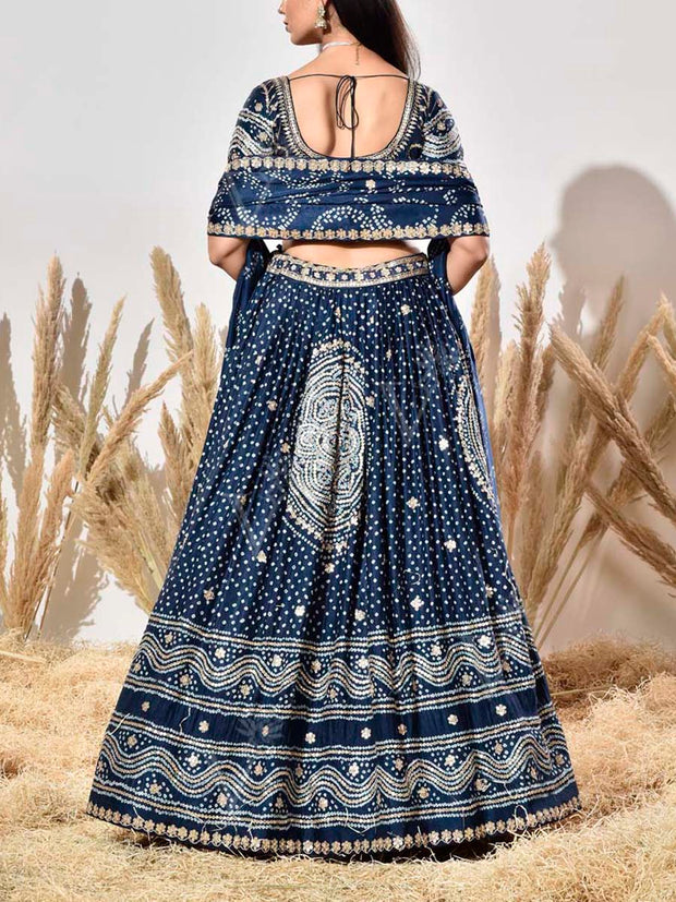 Blue Embroidered Satin Bandhani Lehenga Set