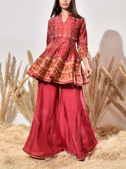 Maroon Vasansi Silk Embroidered Peplum and Palazzo Set