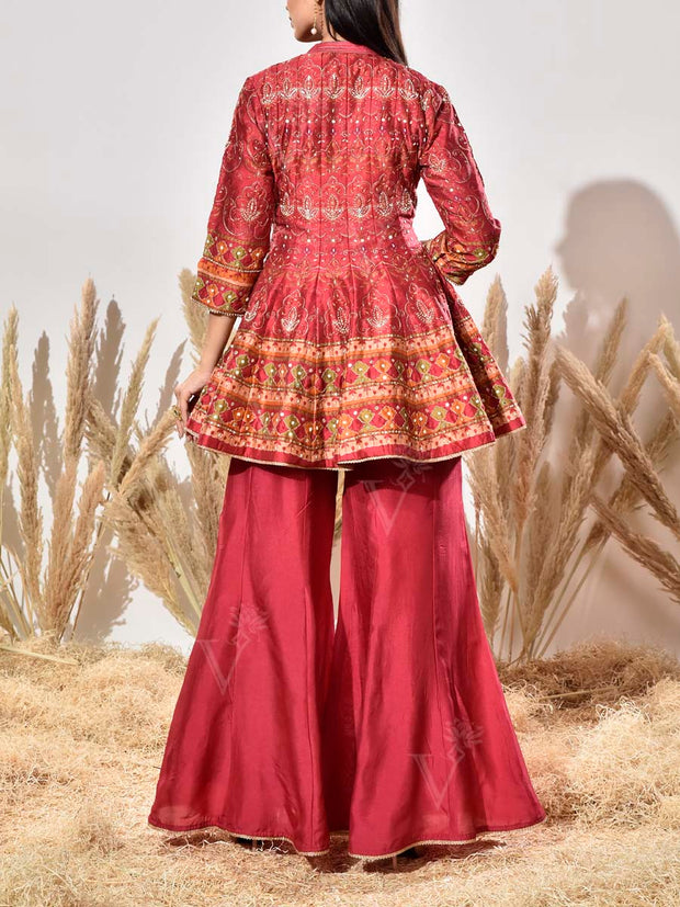 Maroon Vasansi Silk Embroidered Peplum and Palazzo Set