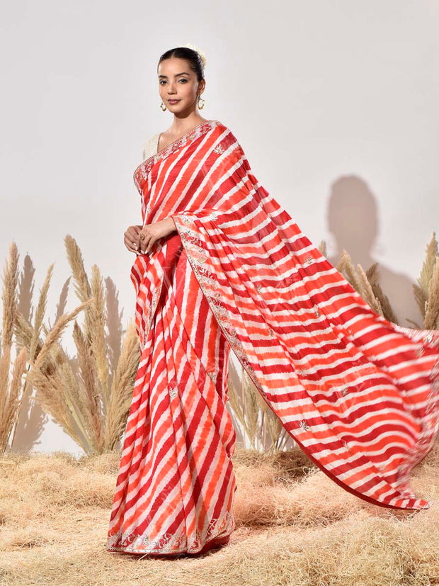 Red and Orange Tusser Leheriya Saree