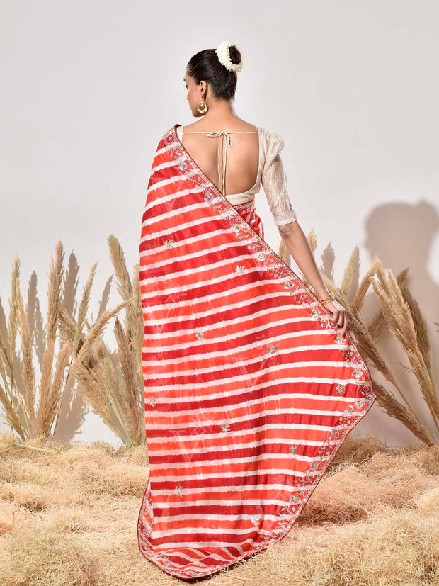 Red and Orange Tusser Leheriya Saree