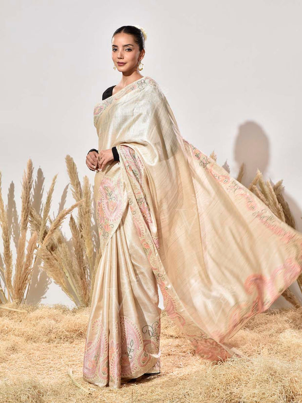 Beige Tussar Saree