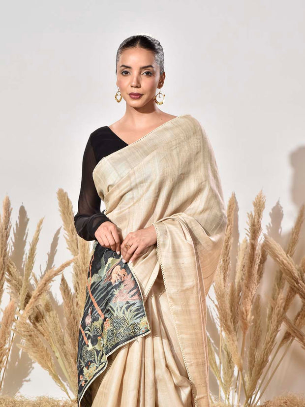 Beige Tussar Saree