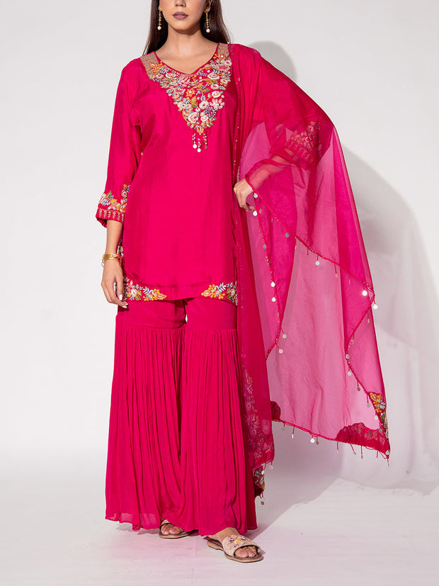 Pink Embroidered Kurta and Sharara Set