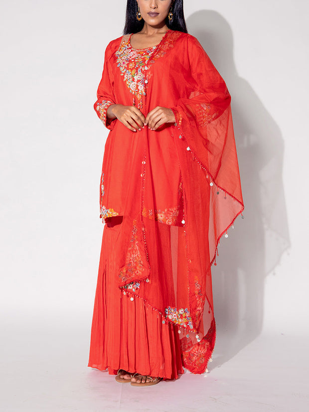 Rust Orange Embroidered Kurta and Sharara Set