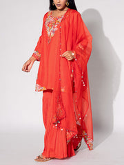 Rust Orange Embroidered Kurta and Sharara Set