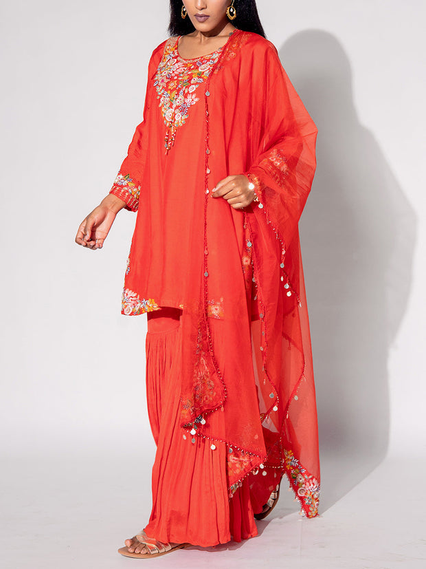 Rust Orange Embroidered Kurta and Sharara Set