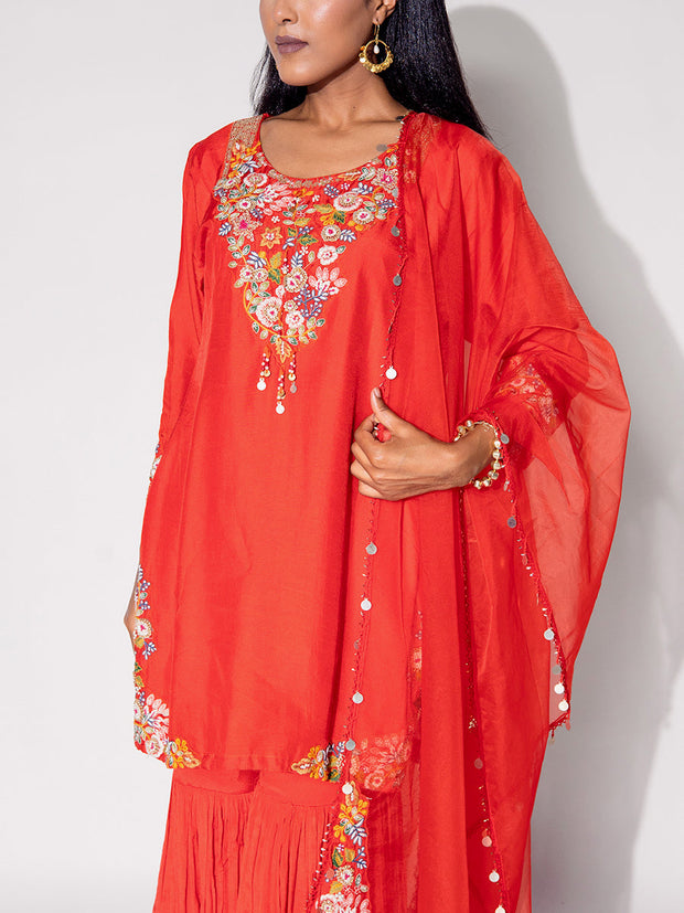 Rust Orange Embroidered Kurta and Sharara Set