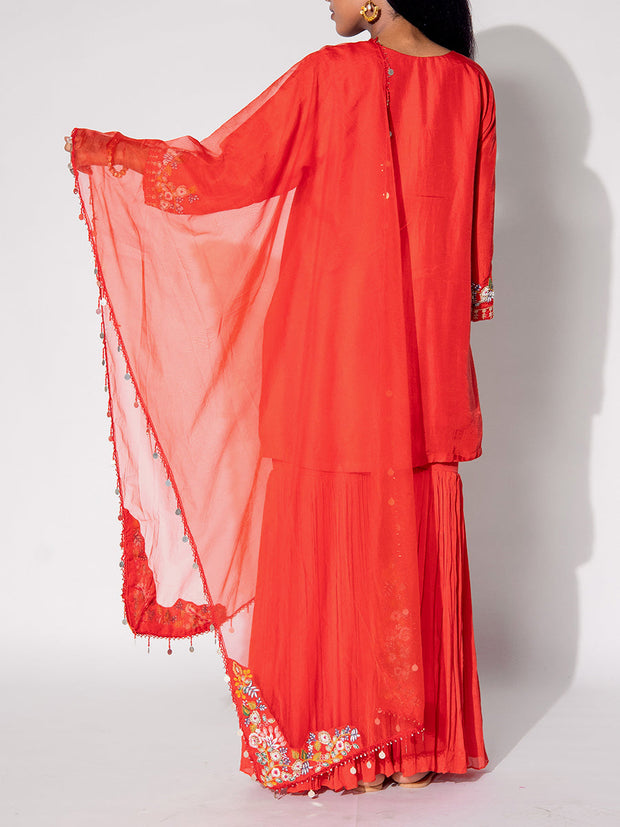 Rust Orange Embroidered Kurta and Sharara Set