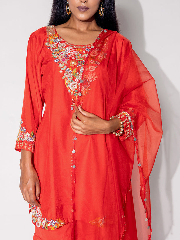 Rust Orange Embroidered Kurta and Sharara Set