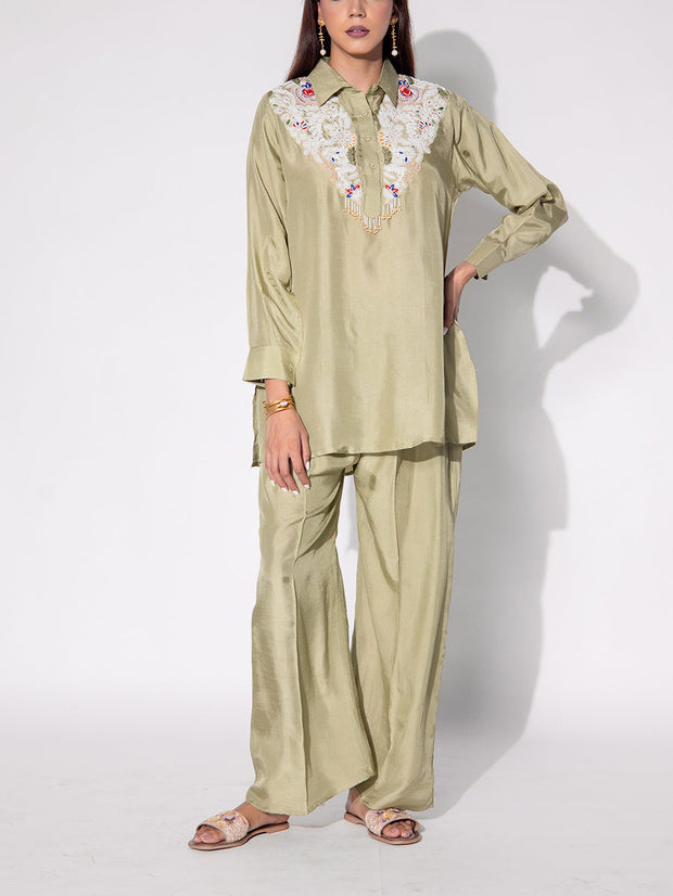 Sage Green Embroidered Top and Pant Set