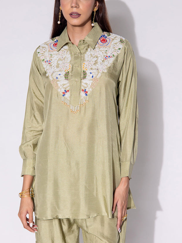 Sage Green Embroidered Top and Pant Set