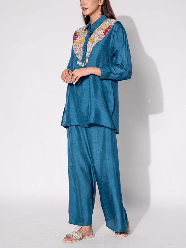 Teal Blue Embroidered Top and Pant Set