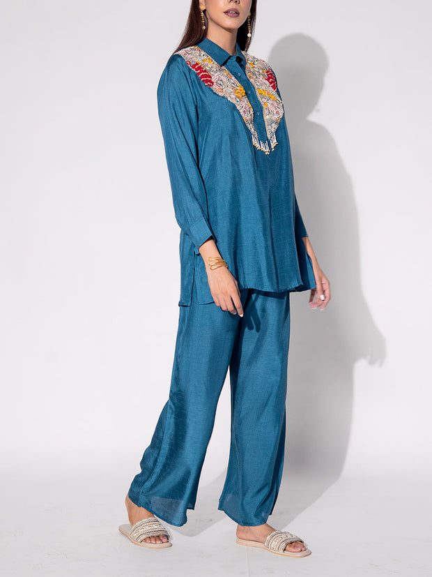 Teal Blue Embroidered Top and Pant Set