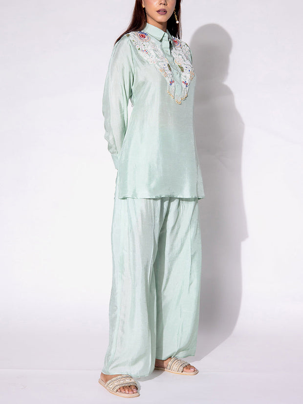 Green Embroidered Top and Pant Set