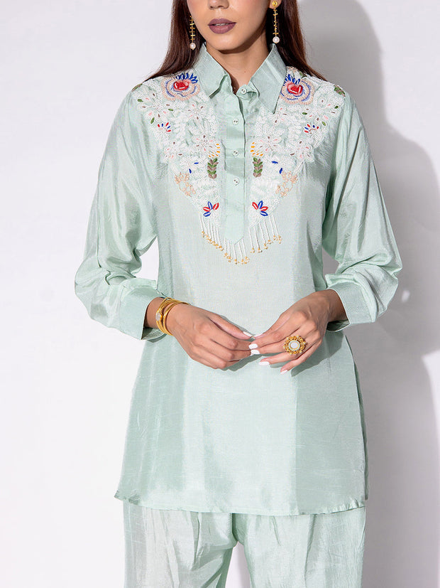 Green Embroidered Top and Pant Set