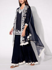 Black Embroidered Cape and Sharara Set
