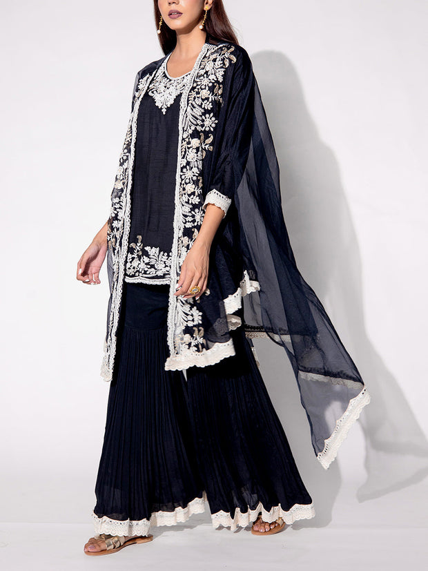 Black Embroidered Cape and Sharara Set