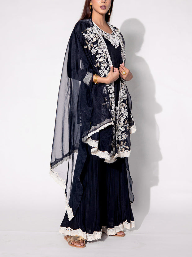 Black Embroidered Cape and Sharara Set