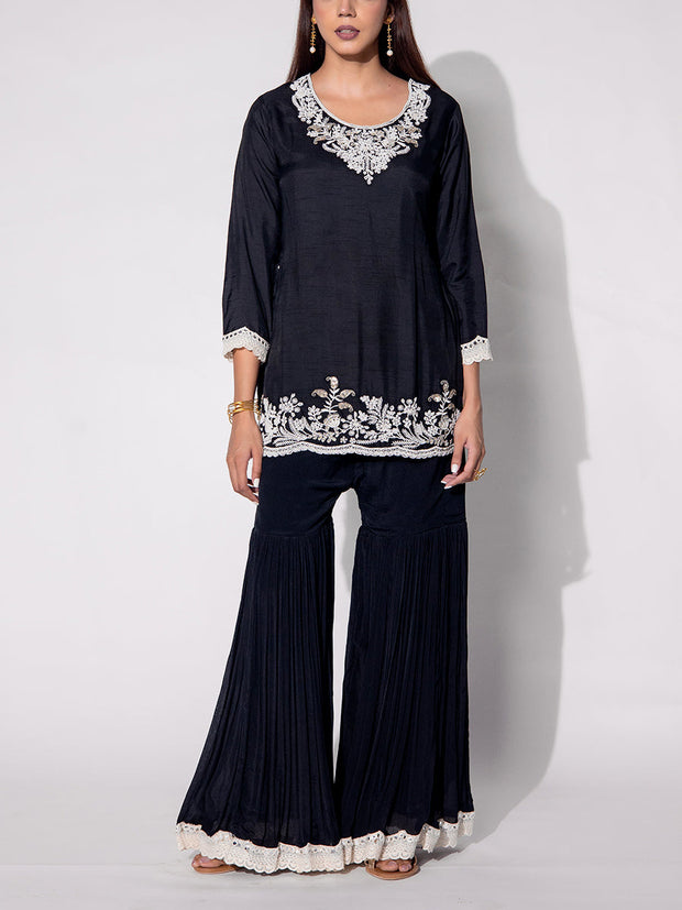 Black Embroidered Cape and Sharara Set