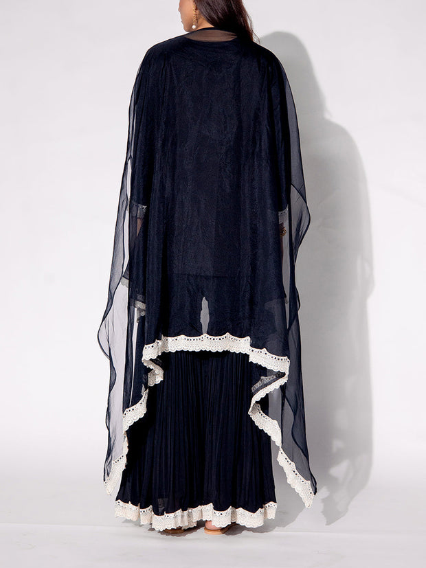 Black Embroidered Cape and Sharara Set