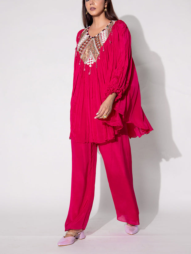 Pink Embroidered Cape and Palazzo Set