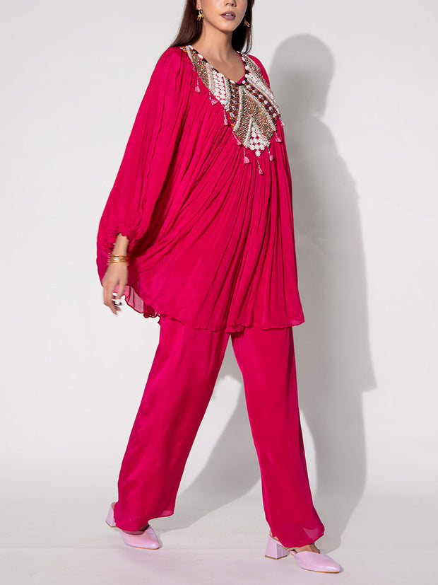 Pink Embroidered Cape and Palazzo Set