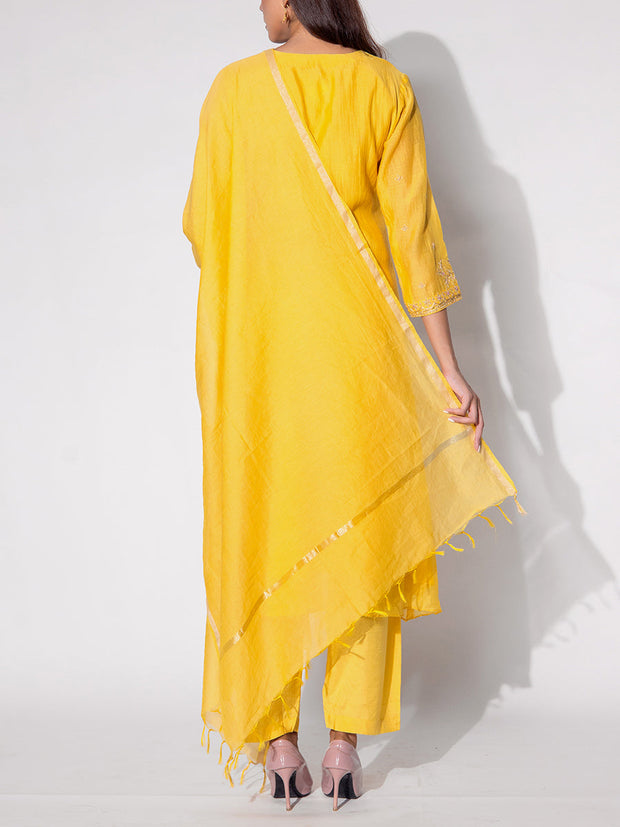 Yellow Chanderi Embroidered Suit Set