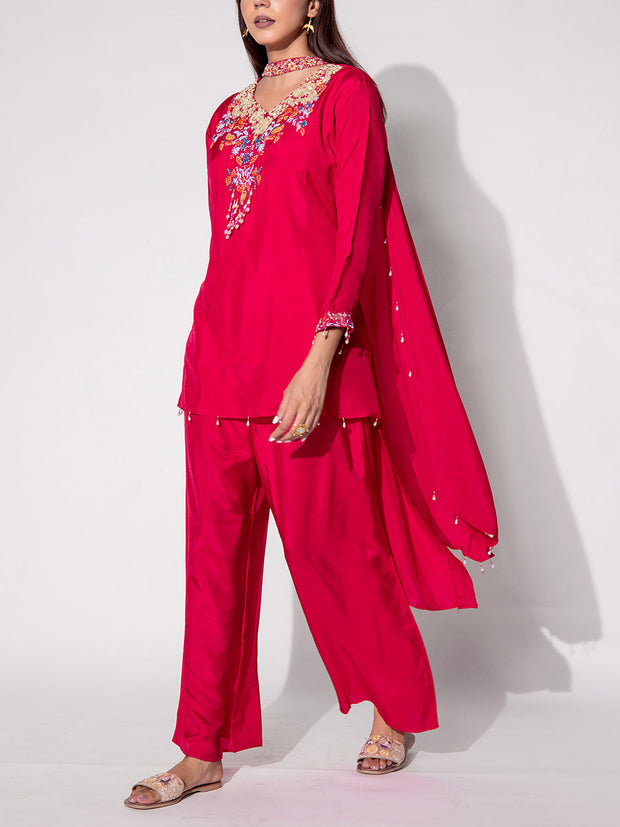 Rani Pink Embroidered Silk Suit Set