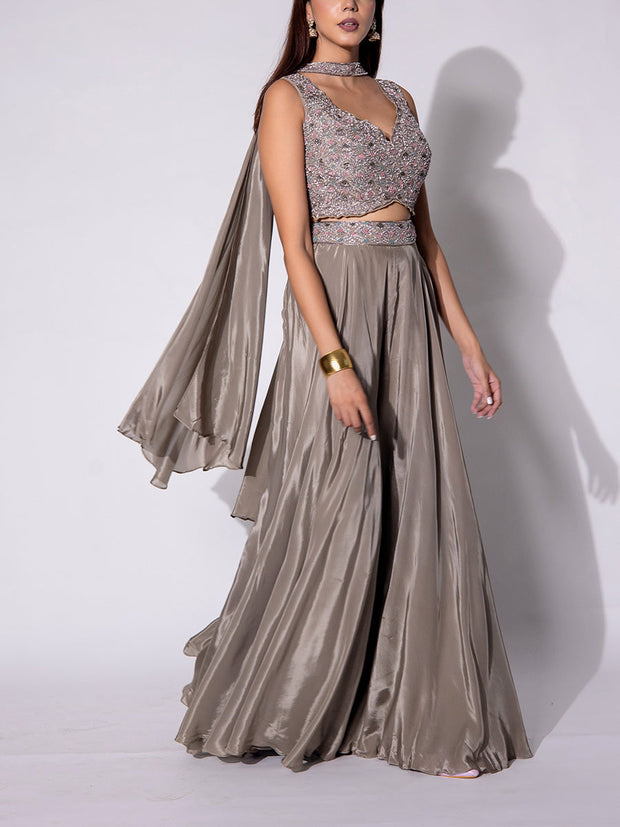 Brown Silk Skirt Set