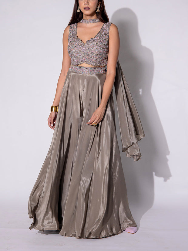 Brown Silk Skirt Set