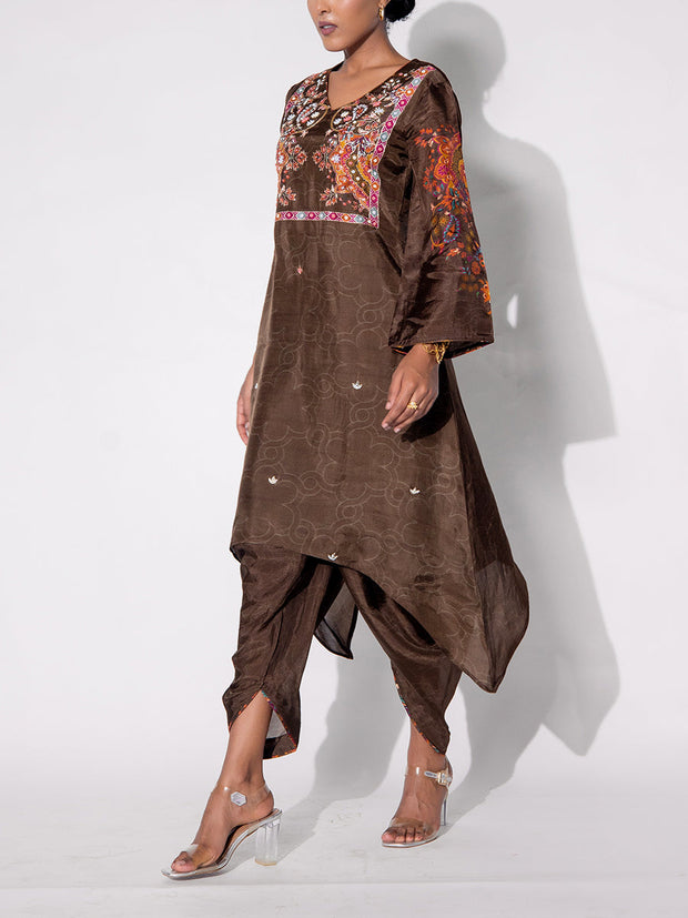 Brown Vasansi Silk Printed Kurta and Pant Set